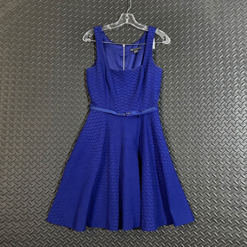 Armani Exchange Blue Textured Sleeveless Fit & Flare Dress Belted Size 2